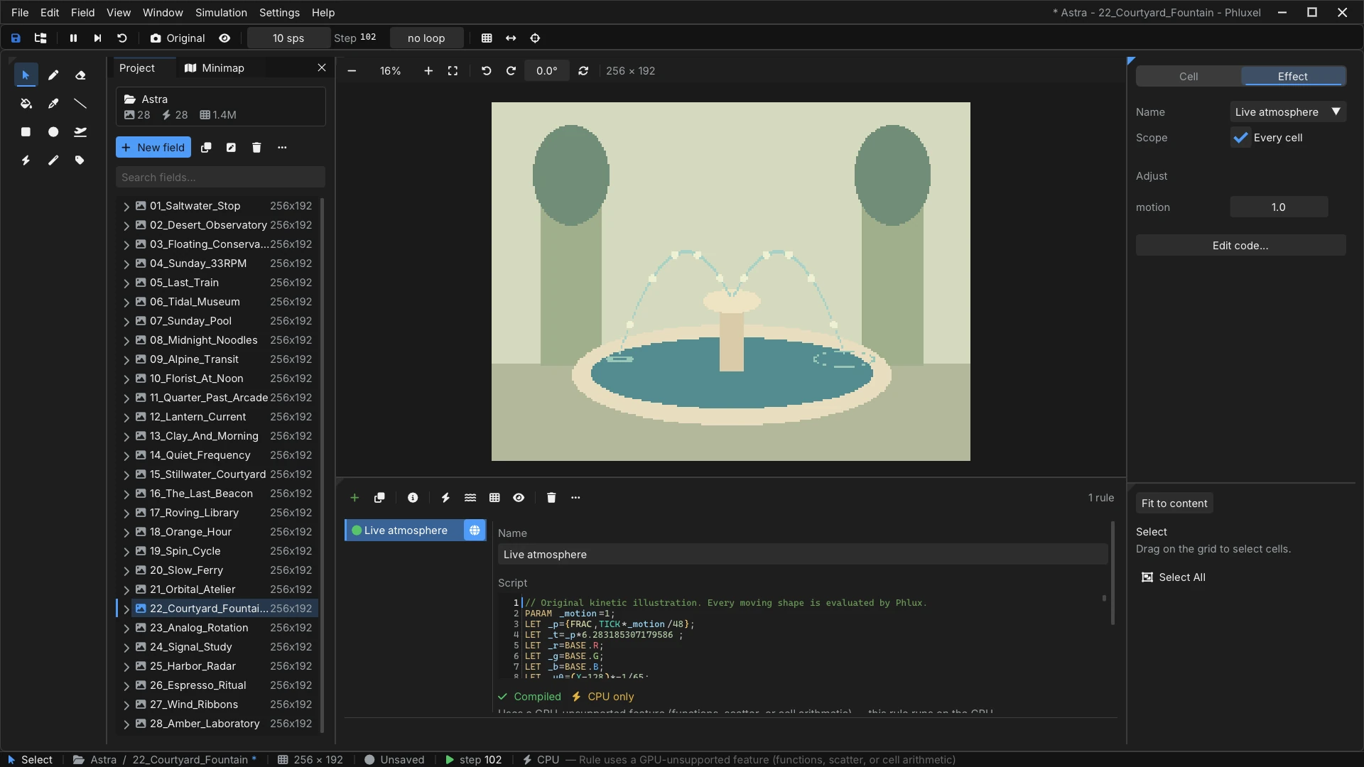 Phluxel editor: Courtyard Fountain playing, its rule open in the Rule Editor and its motion knob in the Inspector