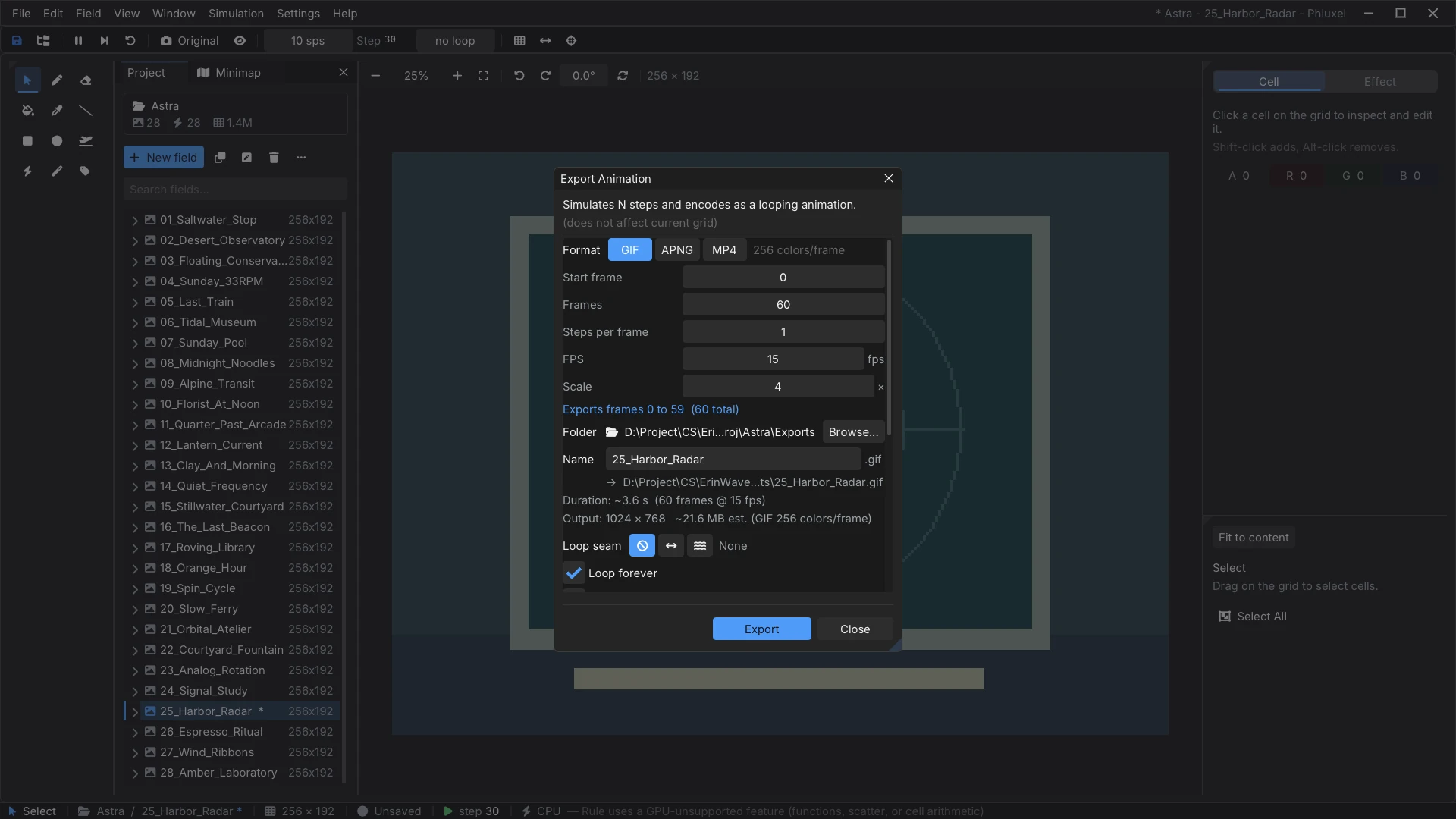 Phluxel Export Animation dialog over the Harbor Radar scene
