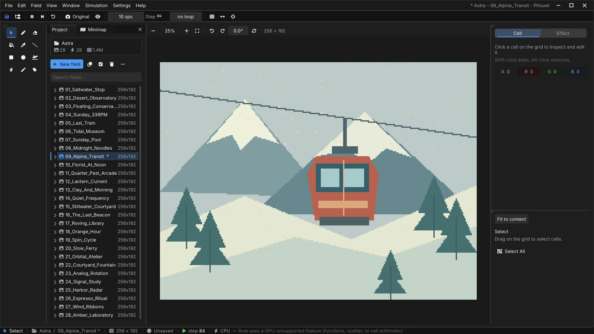 Alpine Transit scene playing in Phluxel