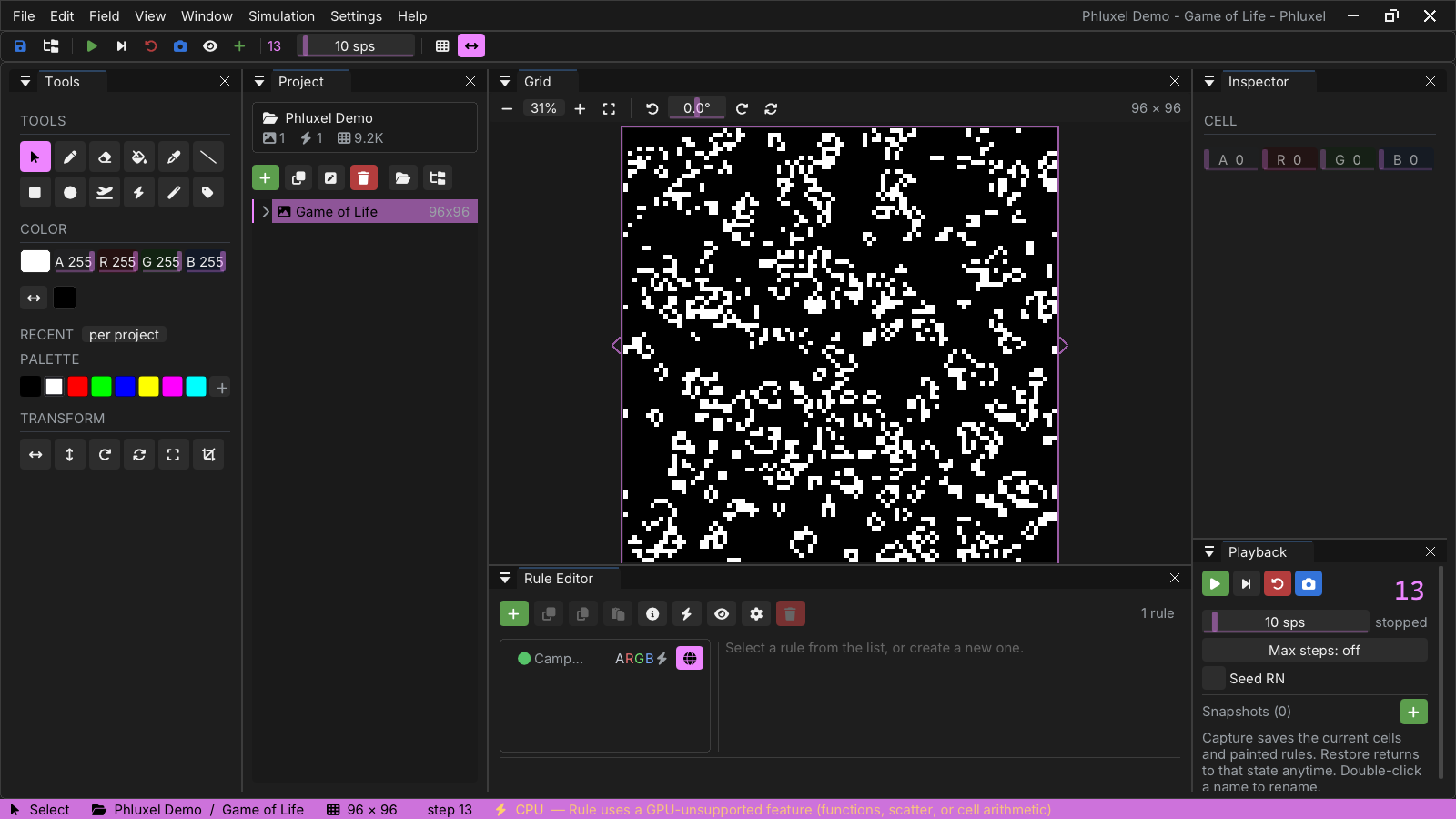 Phluxel running Conway's Game of Life