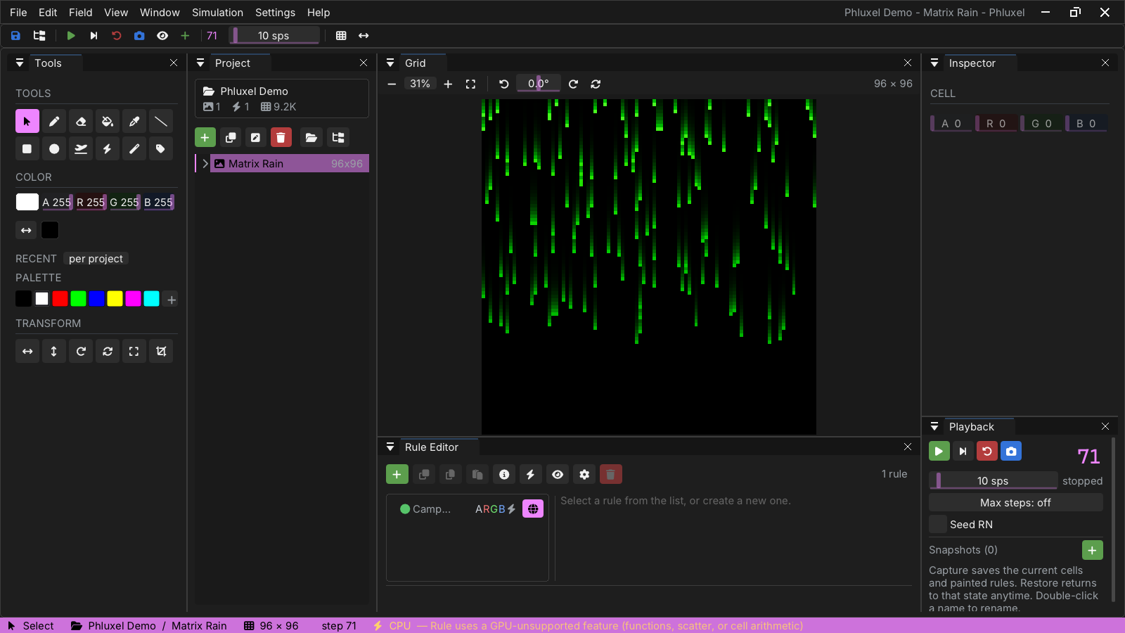 Phluxel running a Matrix Rain scene