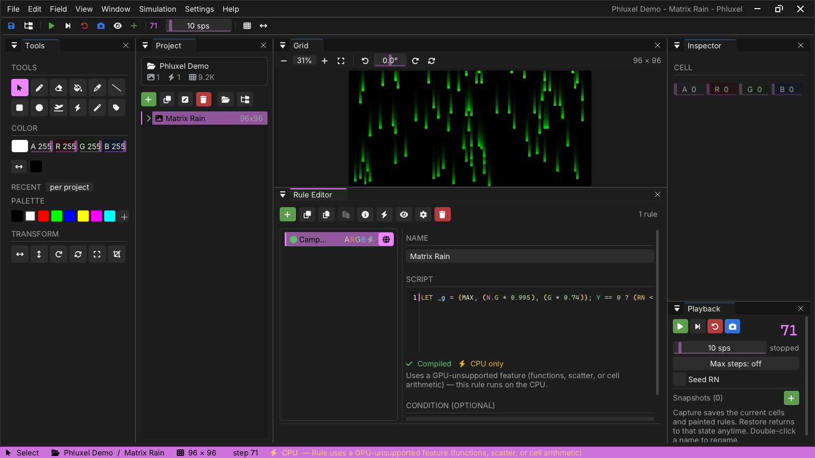 Phluxel Rule Editor with a live Matrix Rain grid